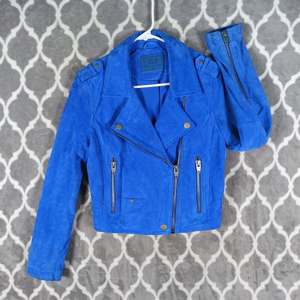 SL8 Moto Jacket Women Size S Blue Suede Cropped Asymmetrical Zip Biker